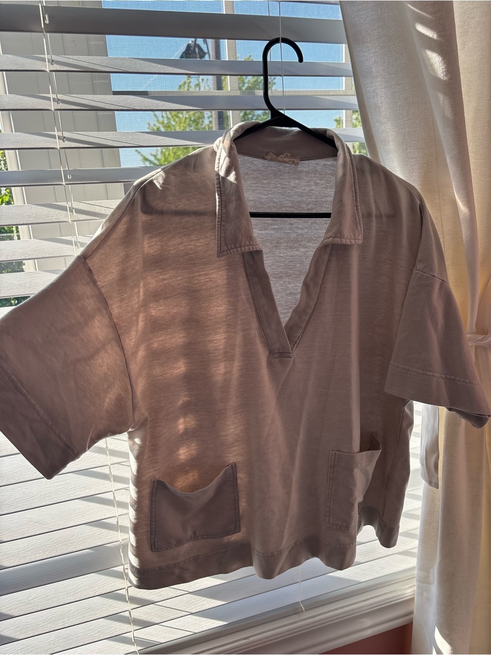 Casual oversized V-Neck Pocket Top in beige